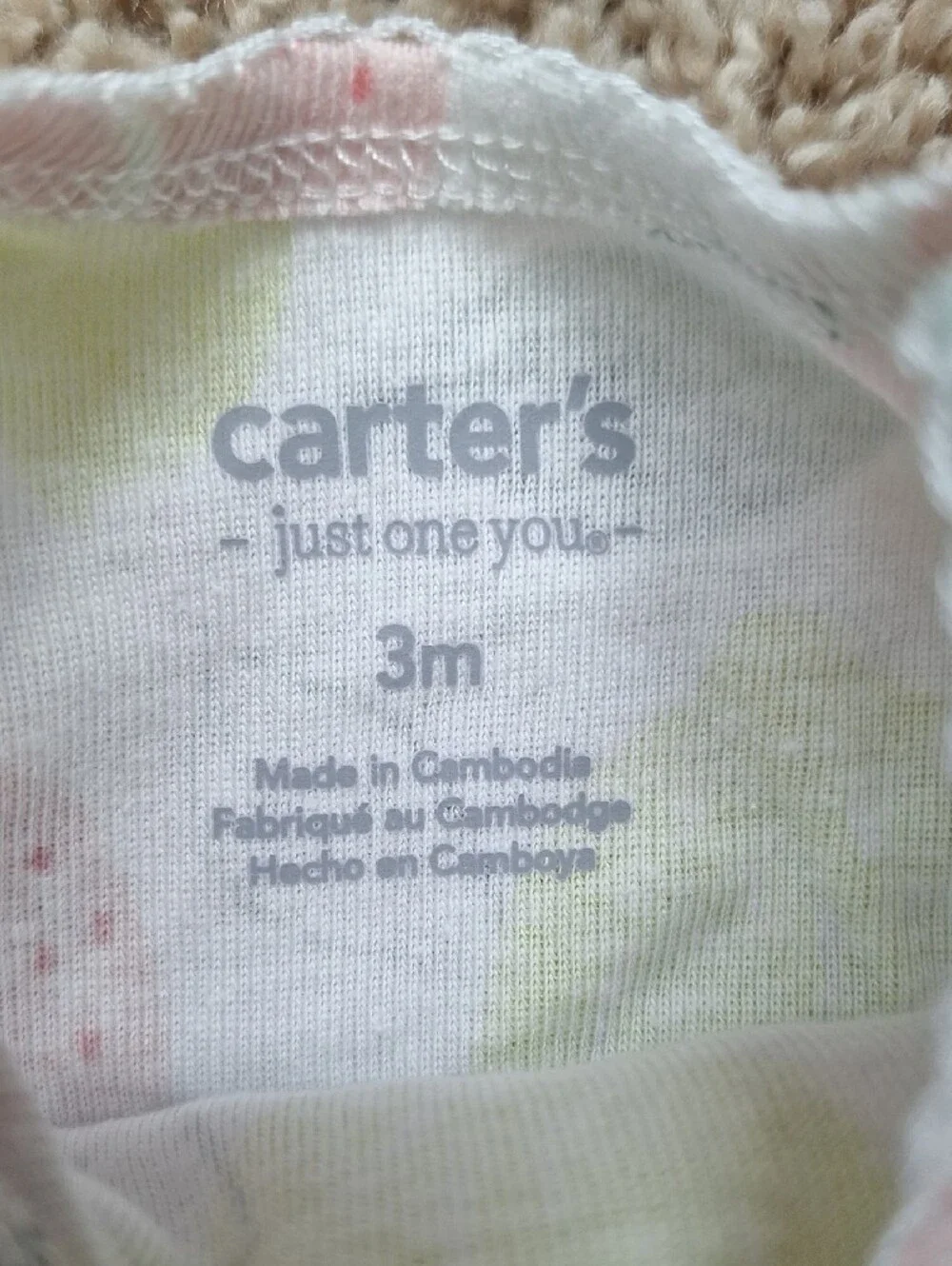 Carter's Pastel Floral & Fruit Short Sleeve Onesie Lot - White, Pink, Yellow- 3M